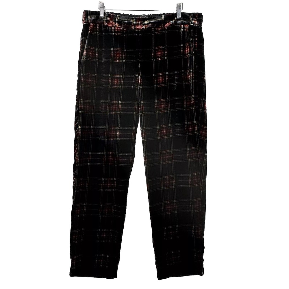 J.Crew Easy Velveteen Pants Womens Black Stewart Tartan Plaid Pull-On Sz 14 Tall